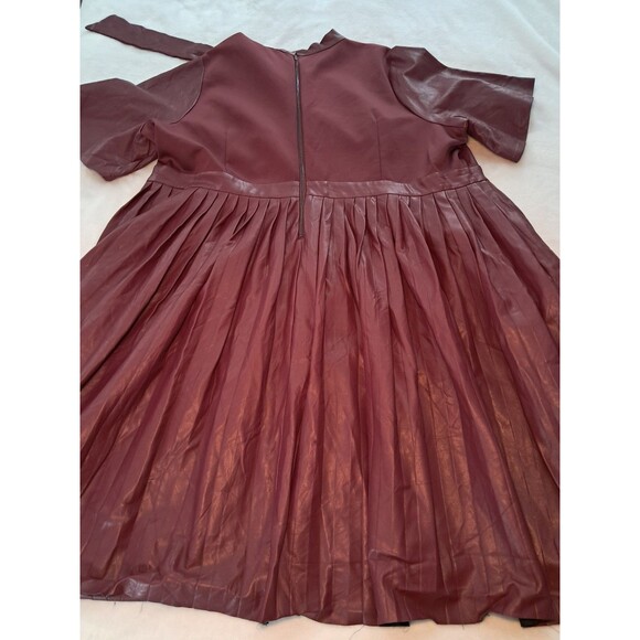 Eloquii Faux Leather Pleated Skirt Tie Neck Midi Dress Burgundy PLS READ Size 28 - Picture 8 of 12
